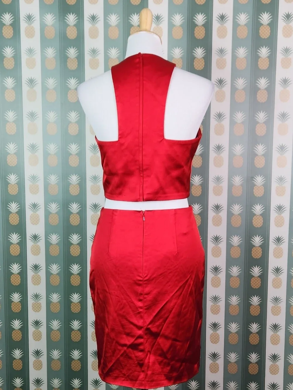 Sherri Hill Red Satin Two-Piece Crop Top and Pencil Skirt Set